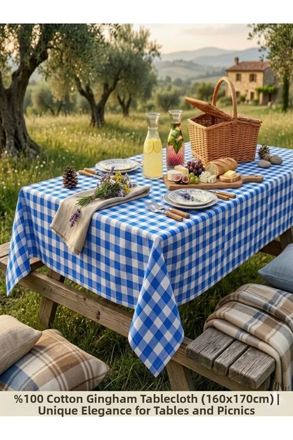 100% Cotton Gingham Gingham Tablecloth - Picnic and Garden Tablecloth 160X170 cm - Blue White