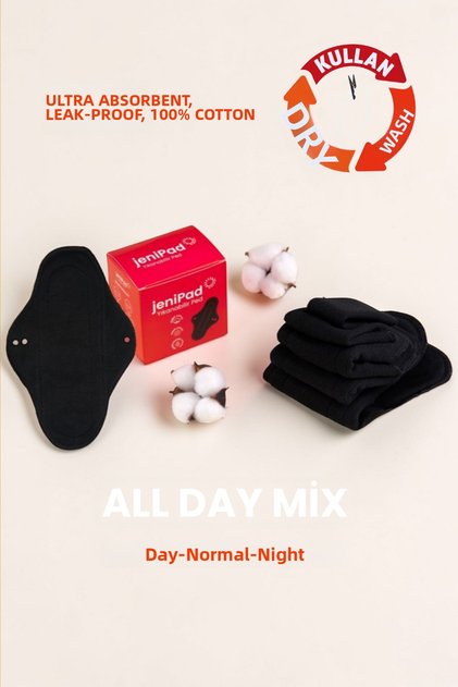 Cotton Washable Leak Proof Black Women's Pad Mix 3 Pieces (Daily, Normal, Night)