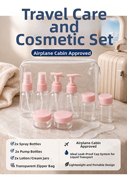 Travel Care Set with Transparent Bag |   Airplane Cabin Compatible Leak-Proof Cosmetic Bottle Set