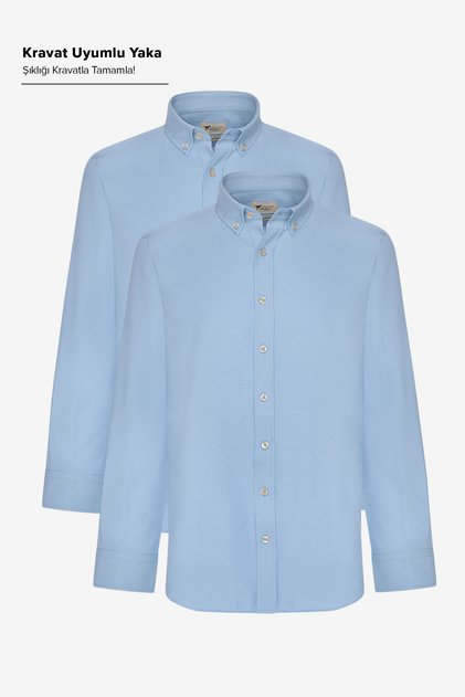 Erkek Mavi 2'li Pamuklu Oxford Kolay Ütülenebilir Slim Fit Dar Kesim Gömlek Paketi