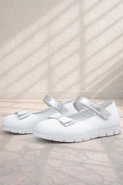 Genuine Leather White Silver Bow Velcro Girls' Ballerinas