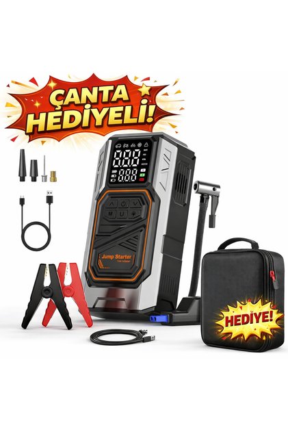 4'ü 1 Arada Akü Takviye Cihazı, Çanta Hediye, Taşınabilir Hava Pompası, Powerbank, LED Fener