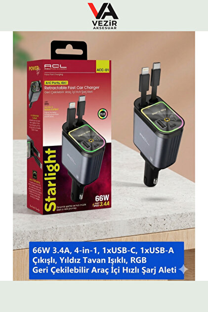 ACL RGB Yıldız Işıklı 4in1 Araç Şarj Aleti | 66W Süper Hızlı Şarj