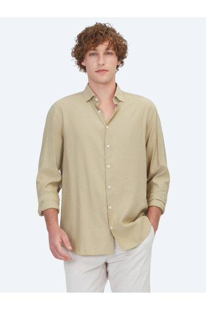 Oil Green Plain Regular Fit Long Woven Casual Shirt