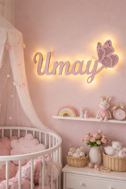 Kişiye Özel LED Işıklı Ahşap İsimlik – Kız Çocuk Odası Duvar Dekoru – 3D Gece Lambası-Tek İsim