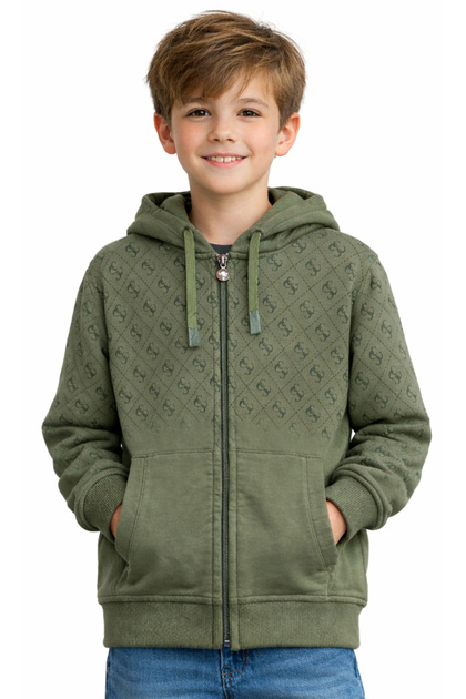 Khaki Color Cardigan with Letter Pattern on Boys/Girls' Side, Zipper Closure and Pockets