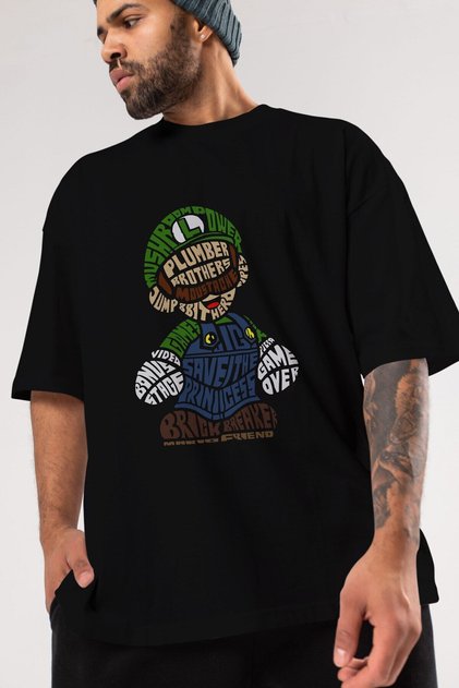 Plumber Brothers Front Printed Black Oversize T-shirt Unisex Men's Women's Crew Neck
