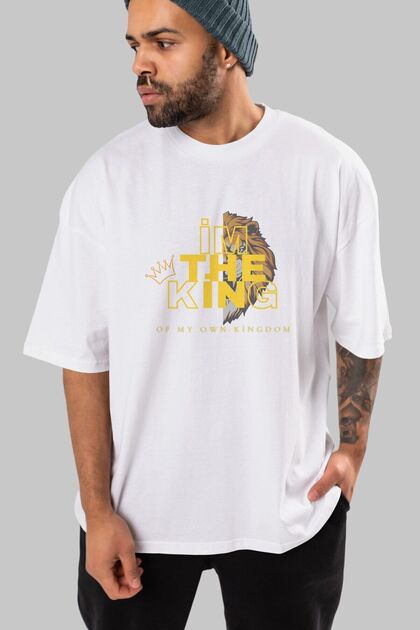 I Am The King Printed Front White Oversize T-shirt Men's Women's Crew Neck