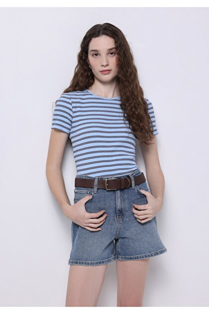 Slim Fit Round Neck Striped Women's Blue Short Sleeve T-Shirt
