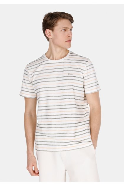 Regular Fit Cotton Lu Round Neck Striped Men's White Short Sleeve T-Shirt