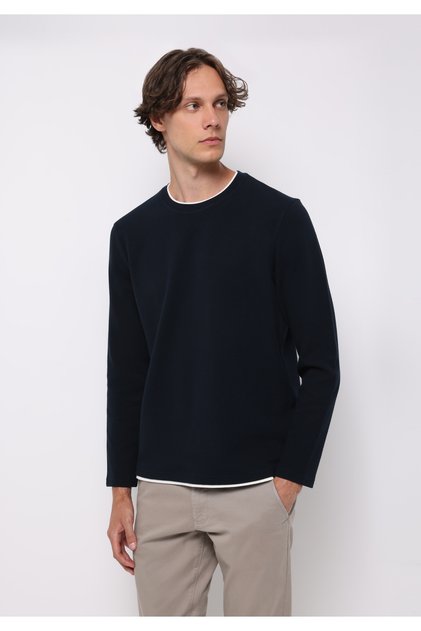 Regular Fit Round Neck Jacquard Men's Navy Blue Long Sleeve T-Shirt