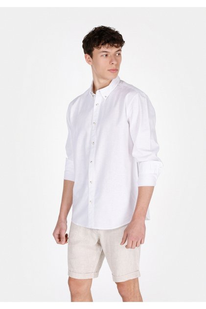 Regular Fit Shirt Neck Plain Men's White Long Sleeve Shirt