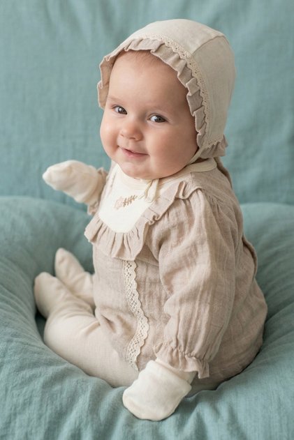 Baby Girl Ecru Beige Muslin Ruffled Eyelet Embroidery Piece Floral Embroidered 5 Piece Hospital Discharge Set