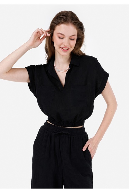 Regular Fit Cotton Lu Shirt Neck Women's Black Short Sleeve Shirt