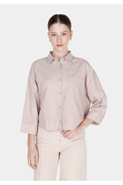 Regular Fit Shirt Neck Düz Kadın Vizon ¾ Kol Gömlek
