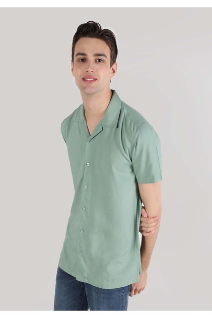 Regular Fit Shirt Neck Plain Men's Green Short Sleeve Shirt
