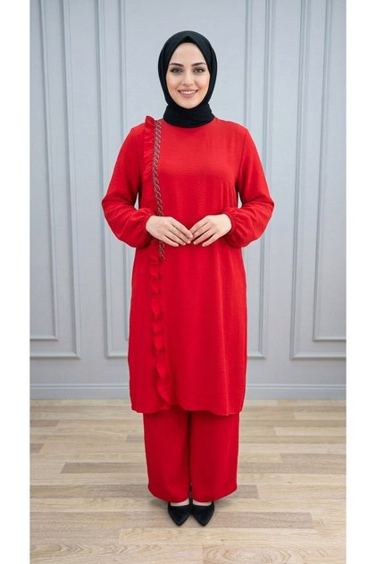 Simge Suit Women's Red Ayrobin Fabric 2-Piece Tunic and Pants Set