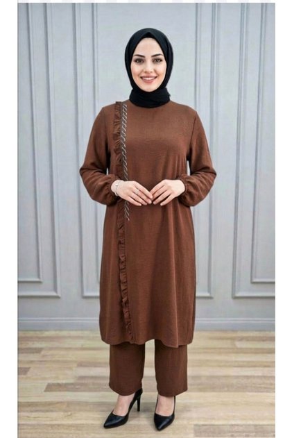 Simge Suit Women's Brown Ayrobin Fabric 2-Piece Trousers Tunic Set