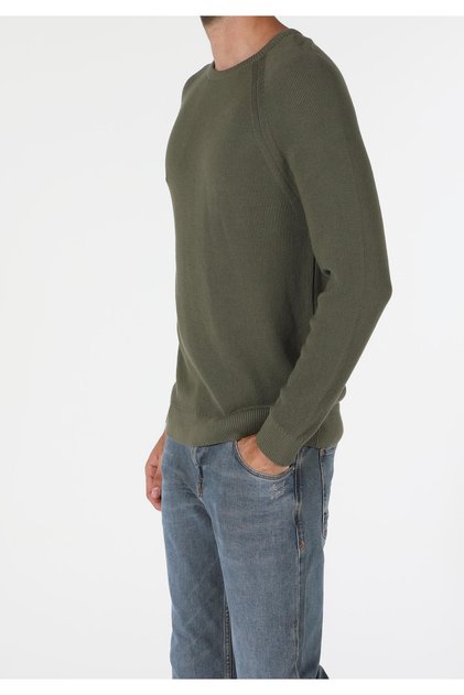 Regular Fit bumbac lu Pulover tricotat verde pentru bărbați, cu guler rotund