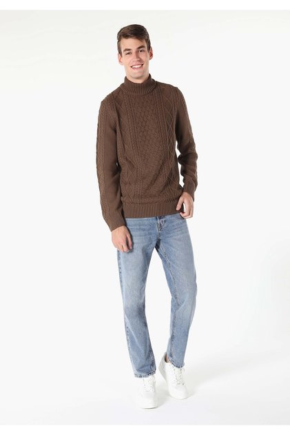 Regular Fit High Neck Jacquard Men's Brown Sweater