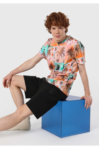 Regular Fit Round Neck Printed Men's Multicolor Short Sleeve T-Shirt