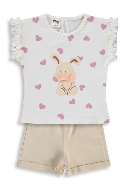 Heart Printed Rabbit Printed Shorts Set for 6-18 Months - Ecru