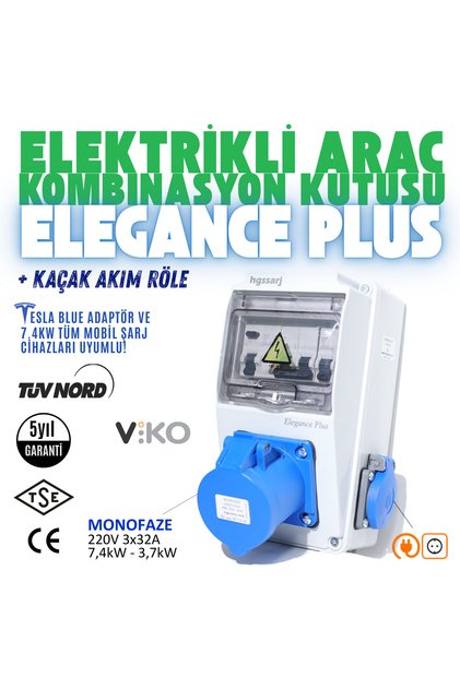 ''Elegance PLUS'' 7..4kW Monofaze Elektrikli Araç Şarj Cihazı Kombinasyon Kutusu Tesla Blue Uyumlu