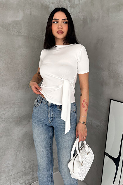 Noa Noa Kadın Puantiyeli Crop Bluz – Kısa Kollu Beyaz Şık Crop Top