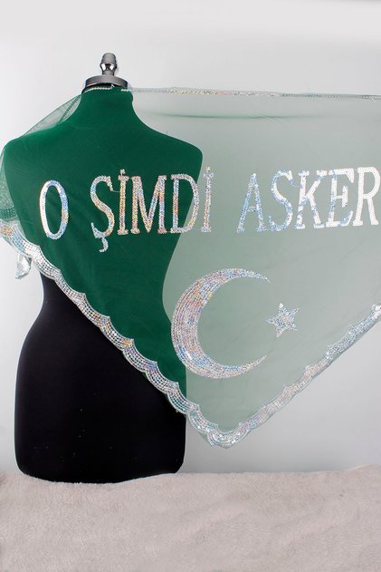 Yeşil O Şimdi Asker Omuz Örtüsü Şal Eldiven Duvak Seti - Damat Sağdıç Kına Asker Eğlencesi