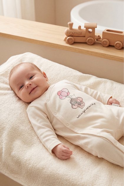 Baby Girl Booties Jumpsuit with Elephant Print and Snap Fasteners Ecru Zıbın Jumpsuit 5106