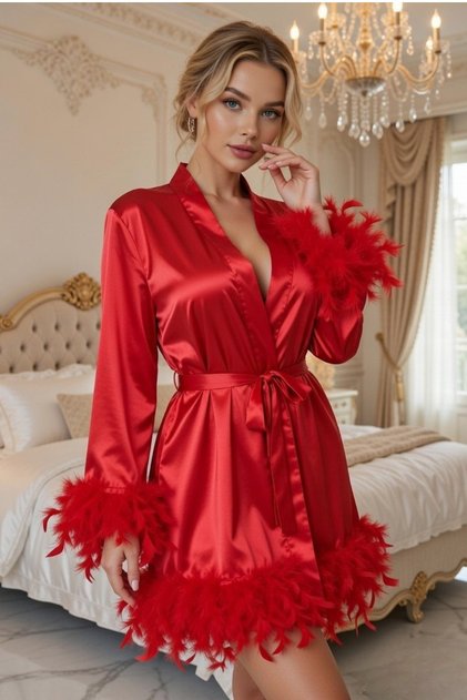 Feathered Satin Robe - Stylish Mini Nightgown Bathrobe Luxury Home Wear