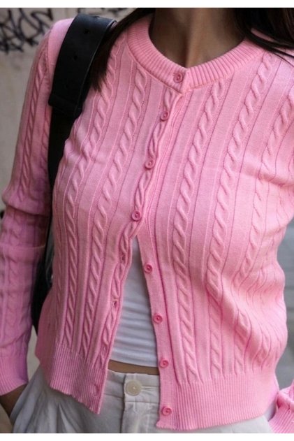 Una Fiaba - Pink Color Hair Knit Buttoned Women's Knitwear Cardigan