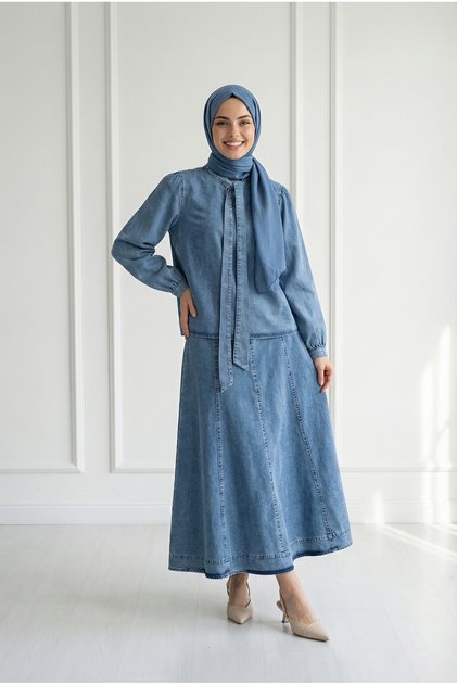 Grass Green Tie Skirt and Piece Denim Set-Ml2132 Blue