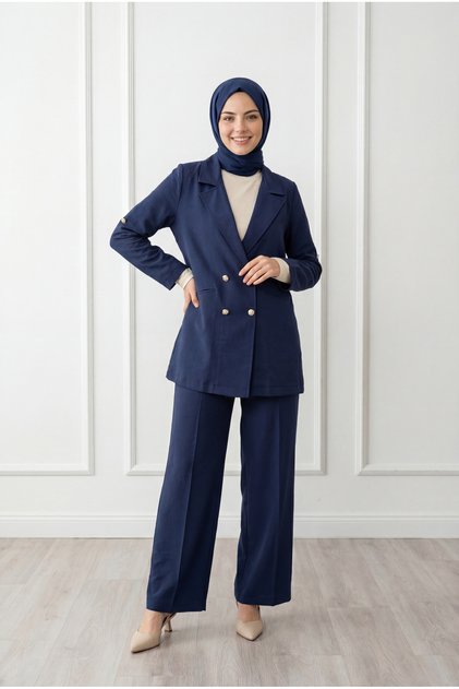 Seda Hidden Pocket Gold Buttoned Jacket and Trousers Set-Gs527 Navy Blue