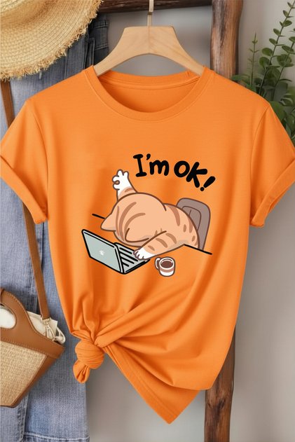 تي شيرت نسائي مطبوع بتصميم I'm Ok Cat