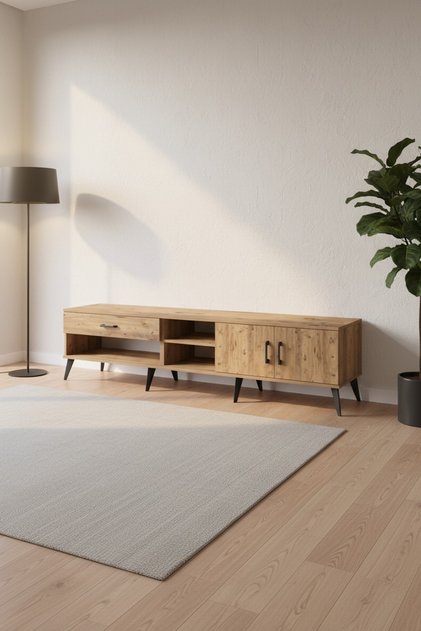 Arges TV Ünitesi 2 Raflı Tek Çekmeceli 2 Kapaklı 220x30x51 Çam-Çam