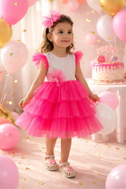 Lily and Co Neon Pink Sequined Girls' Birthday Dress with Buckle- Trendyol
