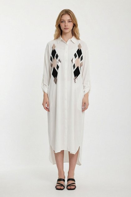 Women's White Sequin Embroidered Long Length Woven Shirt Dress Bcvl-24943