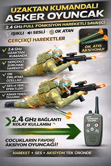 Uzaktan Kumandalı Led Işıklı Müzikli Ok Atan 30 cm Sürünen Çok Yönlü Fonksiyonlu Oyuncak Asker