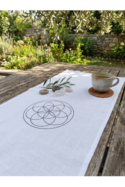 Runner Embroidered Flower of Life 140*40 cm Special Design Runner with Renewal and Abundance Theme