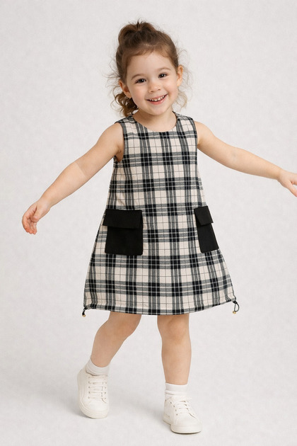 "Checkered Sleeveless Girl's Dress - Pocketed, Relaxed Fit"