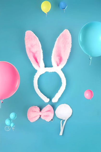 Peluş Tavşan Kostüm Seti - Tavşan Kulağı Tacı Papyon ve Kuyruk 3'lü Çocuk Gösteri Aksesuar Seti Pembe