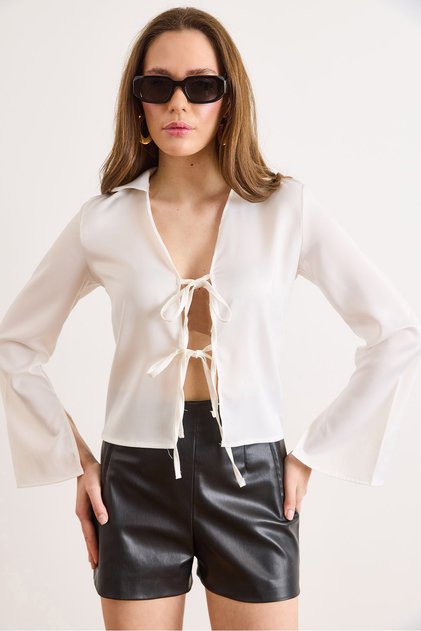 Women's Ecru Polo Collar Satin Blouse with Slit Sleeves and Tie Detail Blz-19003278