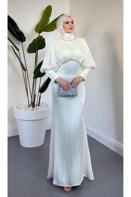 GZELLER Jan Jan Fabric Balloon Sleeve Waist and Collar with Stones Wedding  Promise Engagement Dress Evening Gown- Trendyol