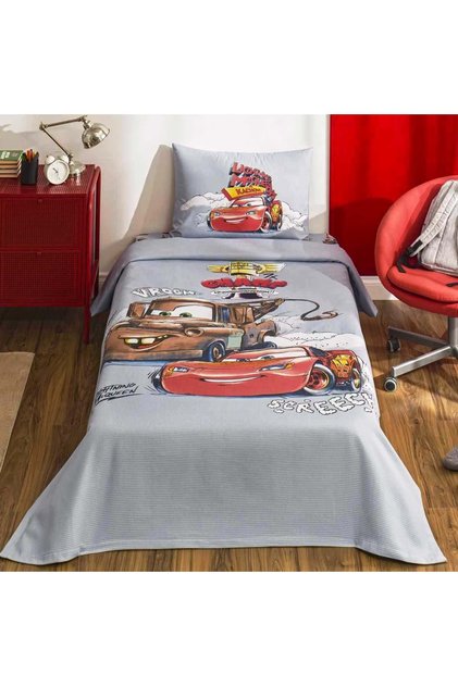 Licensed Single Child Pique Set with Elastic Sheets-Mcqueen Cars Driving Time Gray