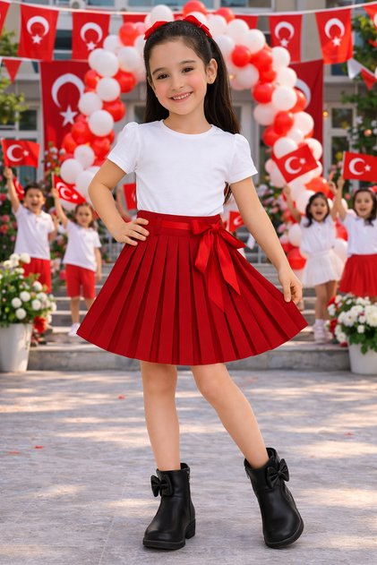 Girls' Red Pleated Skirt – School Event and Holiday Performance Skirt Ages 5-13