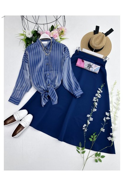 Striped Satin Shirt and Flared Skirt Two-Piece Set [Excluding Shawl]