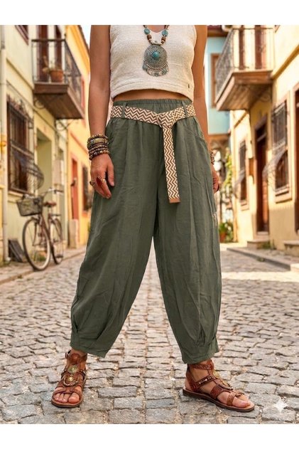 Women's Italian Khaki Elastic Waist Belted Pocketed 100% Tencel Fabric Pencil Leg Trousers