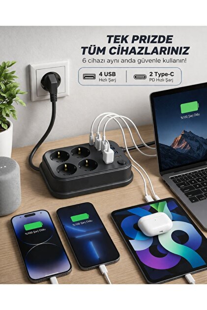 MATECHNO Akım Korumalı 4'lü Priz 2x USB-C 4x USB-A Şarj 2m Kablo