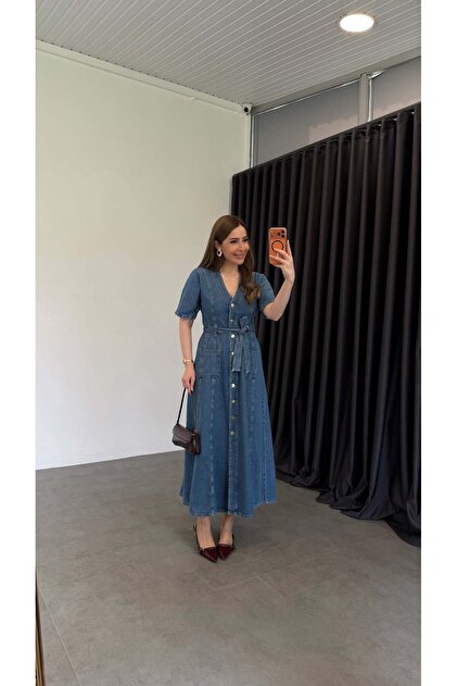 Azurre Blue Belted Denim Dress Blue